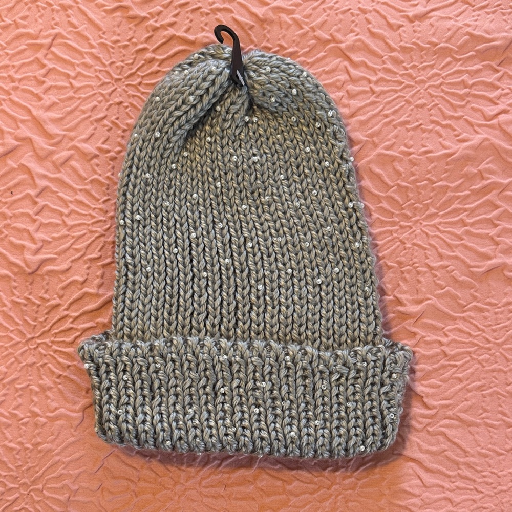 NWOT! Gray Knit Beanie With Pearl Beading